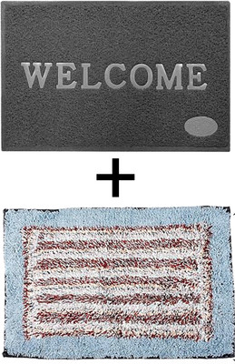 VSTUCART PVC (Polyvinyl Chloride), Microfiber Door Mat(Grey & Sky Blue, Medium, Pack of 2)