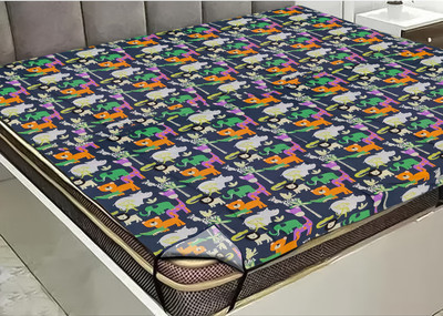 RELOOK INDUSTRIES PVC Double Fitted (Elastic) 120 TC Printed Bedsheet(Pack of 1, Blue, Orange)