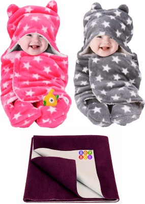 BeyBee Printed Single Hooded Baby Blanket for  Mild Winter(Woollen Blend, Star Pink, Star Grey, Plum)