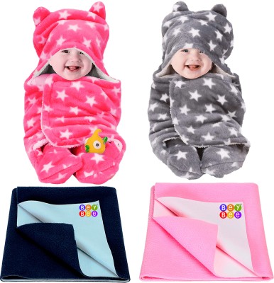 BeyBee Printed Single Hooded Baby Blanket for  Mild Winter(Woollen Blend, Star Pink, Star Grey, Dark Blue, Pink)