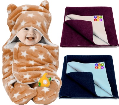 BeyBee Printed Single Hooded Baby Blanket for  Mild Winter(Woollen Blend, Star Beige, Dark Blue, Plum)