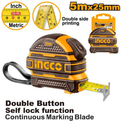 INGCO 5m x 25mm Steel Measuring Tape | HSMT08525 — Self-Lock, Rubber Cover Measurement Tape(5 m)