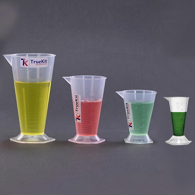 TRUEKIT Transparent Plastic Beaker Cup Conical Measure with Graduation Marks (Pack of 1) Measuring Cup(12 ml, 25 ml, 50 ml, 125 ml)