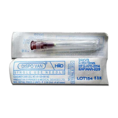 DISPOVAN Needle single use 26G X 1/2 (0.45X13mm) (pack of 100 needle) Medical Needle(Clear)