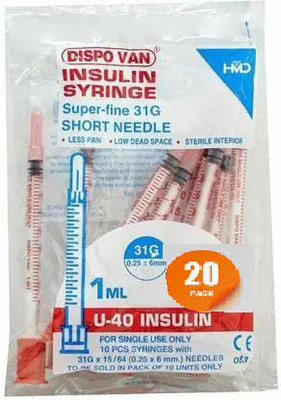 CELWARK GLIDE 6MM NEEDLE INSULIN SYRINGES FOR DIABETICS. (40 UNITS) 20 PICS Medical Needle(Mullti Color)