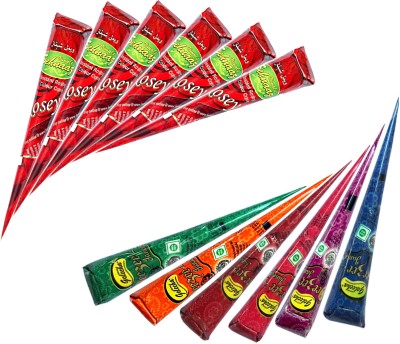 VIMAL s Sehnaaz Mixed Colour Instant Henna Cones, 6 Rosey and 6 Rangeela, Synthetic Mehendi(Pack of 12)