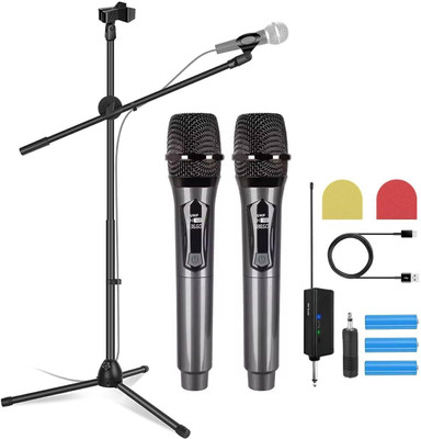 IMAGINEA Dual UHF Wireless Microphone with Mic Stand, Handheld Dynamic Mic with Rechargeable Receiver Wireless Karaoke mic for Singing Speech, Party(Black)