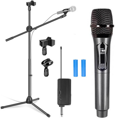DawnRays UHF Wireless Microphone with Rechargeable Receiver for Karaoke Party Singing with Dual Microphone Stand Mic Stand for Singing Recording| Recording Set-up(Black)