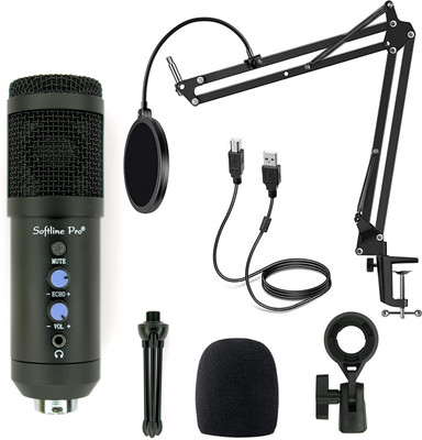 Softline Pro SP RJ-MIC-KIT Condenser Microphone Kit Voice Recording Mic Stand Home Studio Mic Kit Broadcasting Studio Recording Condenser Microphone Set(Black)