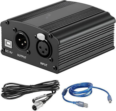 DawnRays 48V Phantom Power Supply with USB Cable & XLR Cable for Any Condenser Microphone Audio Interface for Recording(Black)