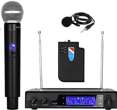 KH Duel Cordless Microphone Dual Channel VHF Rechargeable Wireless System. Microphone Accessory(Black)