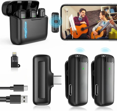 GADGETSWEAR Dual Wireless Microphone for Youtubers,Type-C & iphone Support(6 Month Warranty) Dual Wireless Lavalier Microphone(Black)