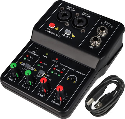 AMG Music Q12 Audio Mixer 2 Channel USB Audio Interface 48V Phantom Power 3.5mm Headphone NA(Black)