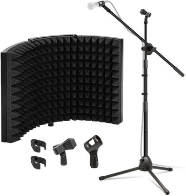 AMG Music Wireless Microphone Isolation Shield, Mic Sound Absorbing Foam with Mic Stand 3 Layer Soundproof Vocal Booth Panel with Mic Stand for Singing Recording(Black)