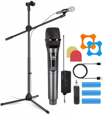 IMAGINEA UHF Wireless Microphone with Mic Stand, Handheld Dynamic Mic with Rechargeable Receiver Wireless Karaoke mic for Singing Speech, Party(Black)