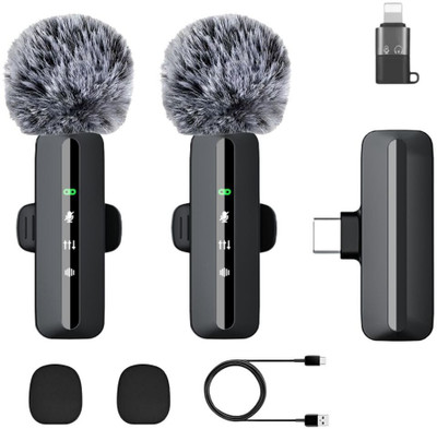 GADGETSWEAR Dual Wireless Lavalier Microphone 3-in-1 Plug-and-Play with Noise-Cancelling Fast Charging , Long Battery(Black)