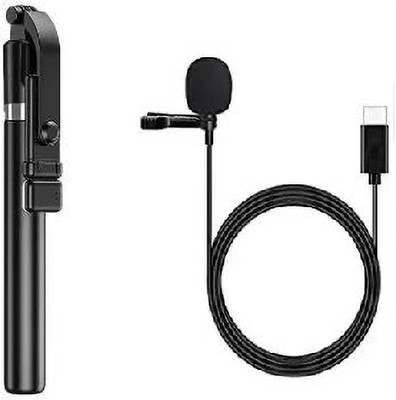 plaction r1 Bluetooth Selfie Stick with type c mic Microphone C (Black) Microphone