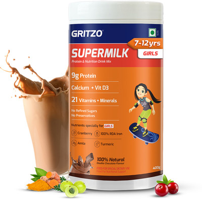 Gritzo SuperMilk Overall Growth (7-12y Girls), 9g Protein (Double Chocolate)(400 g)