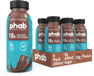 Phab Protein Milkshakes with 18g Protein & No Added Sugar, Rich Source of Fibre Classic Chocolate(6 x 200 g)