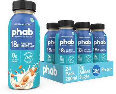 Phab Protein Milkshakes with 18g Protein, Vitamin B12, No Added sugar (Pack 24) Vanilla Almond(4800 ml)
