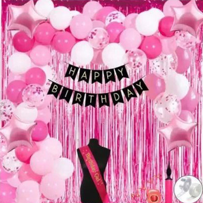 PARTY MIDLINKERZ Solid Pink Theme Birthday Decoration Kit Set Items Combo Balloons for Girls with Sash Balloon(Multicolor, Pack of 68)