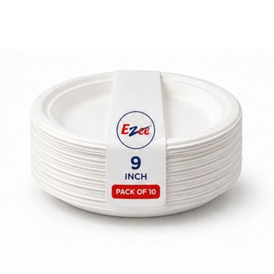 EZEE DISPOSABLES 9 INCH BAGASSE PLATES ROUND-NONCP Dinner Plate(Pack of 10, Microwave Safe)