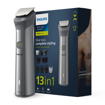 PHILIPS MG5930/65, 13 in 1 Multigroomer, Patented Beardsense Tech Trimmer 120 min  Runtime 1 Length Settings(Grey)