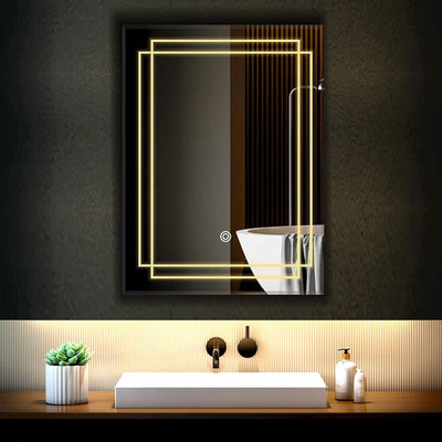 ARC homes & memorials 3D Modern Geometric Design LED with Touch Sensor & 3 Mode 15×18 inch Bathroom Lighted Mirror(Rectangle Finish : Glossy)