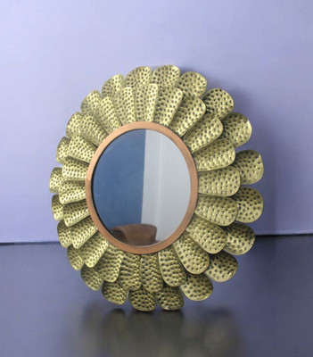 Malik Designs Handcrafted Golden Leaf Round Metal Mirror for Home Decor- Decorative Mirror(Round Finish : MATTE)