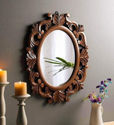 decocollection Wood Decorative Hand Crafted Mirror Decorative Mirror(Oval Finish : glossy)