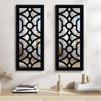 Art Street MDF Flower Design Jali Jharokha Wooden Wall Set Of 2 (11x25 Inch) Black Decorative Mirror(Rectangle)