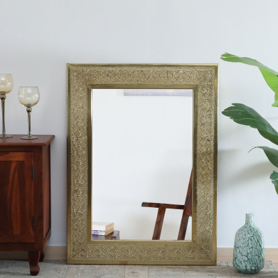 UJJWAL WOOD MANGO WOOD INLAY BRASS WALL MIRROR Decorative Mirror(Square)