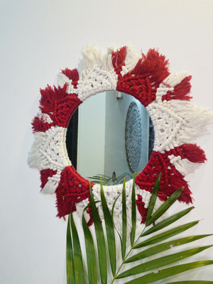 MUD FACTORY Handmade Macrame Hanging Wall Mirror with Macrame Fringe Round Mirror Red White Decorative Mirror(Round Finish : Glass)
