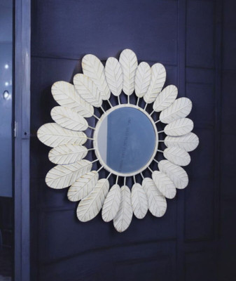 MDUnique White Leaf Mirror for Home & Interior Decor - Decorative Mirror(Round Finish : Matte)