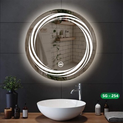 Spark Global Glass SG254 Bathroom Mirror(Round Finish : Bevelled, Warm White & White, Mix Light (21*21 Inch) (Mirror Thickness - 5mm))