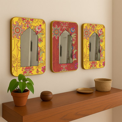 Art Street Jharokha Acrylic Yellow and Green Floral Pattern Printed Decorative Mirror(Rectangle)