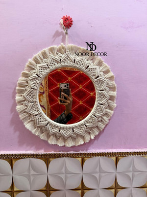 Noorhandcrafted Round Mirror Art Boho Decor Decorative Mirror(Decorative Finish : Cotton, metal rings and mirror. Hand)