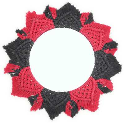 MUD FACTORY Macrame Wall Hanging Mirror – Handmade Boho Mirror for Aesthetic - Red & Black Decorative Mirror(Round)