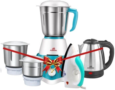 Alibaba Supreme Super Combo 750 W Dry Iron (White,Green), Pearl Electric Kettle (2L, Silver) & 750 Mixer Grinder (3 Jars, White & Sea Green)