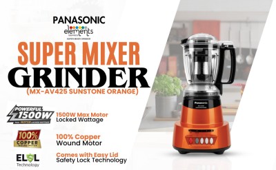 Panasonic MX 600 W Juicer Mixer Grinder(MX-AV425 Super Mixer Grinder, Stainless Steel Heavy ABS | 4 Jars | Sunstone Orange)