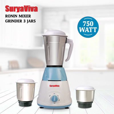 SURYAVIVA Ronin 750 W Mixer Grinder(Ronin Mixer Grinder 750 watt | 3 Jars | Blue and White)