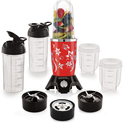 cookwell Bullet 600 W Juicer Mixer Grinder(Push + Knob | 5 Jars | Red Flower)
