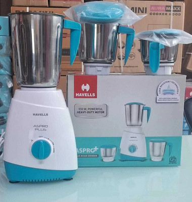HAVELLS 3J 550 W Mixer Grinder(ASPRO PLUS MIXER GRINDER | 3 Jars | White, Light Blue)