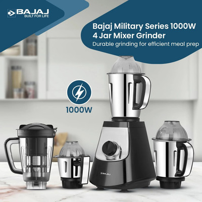 BAJAJ Military Series Evoque 4 Jar 1000 Watts Mixer Grinder 1000 W Mixer Grinder(Military Series Evoque 4 Jar 1000 Watts Mixer Grinder | 4 Jars | Black)