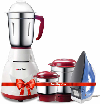 ACTIVA Shock Proof 500 W Mixer Grinder(Pluto | 3 Jars | with 900 W Iron | White)