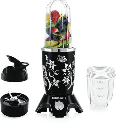 cookwell Bullet 600 W Juicer Mixer Grinder(Push + Knob | 2 Jars | Black Flower)