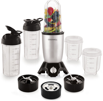 cookwell Bullet 600 W Juicer Mixer Grinder(Push + Knob | 5 Jars | Silver and Black)