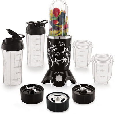 cookwell Bullet 600 W Juicer Mixer Grinder(Push + Knob | 5 Jars | Black Flower)