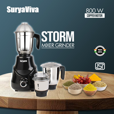 SURYAVIVA Storm 800 W Mixer Grinder(800 Watt | 3 Jars | Black)
