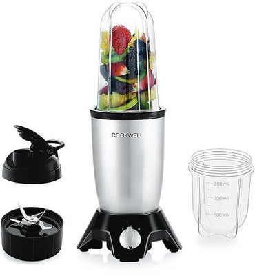 cookwell Bullet 600 W Juicer Mixer Grinder(Push + Knob | 2 Jars | Silver and Black)